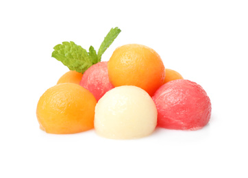 Photo of Melon and watermelon balls with mint on white background