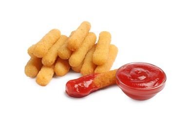 Delicious cheese sticks and ketchup on white background