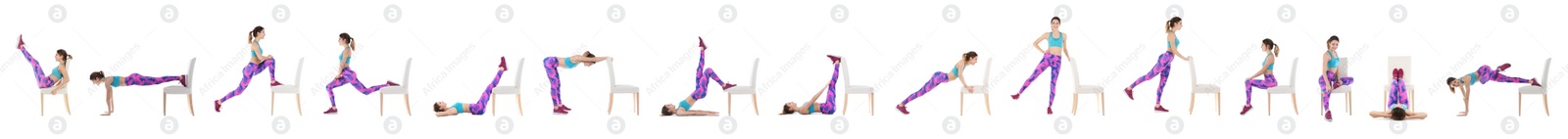 Image of Collage of young woman exercising with chair on white background. Banner design