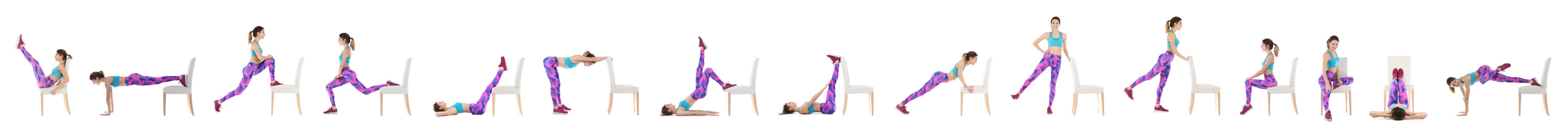 Collage of young woman exercising with chair on white background. Banner design