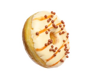Sweet tasty glazed donut with crispy balls isolated on white