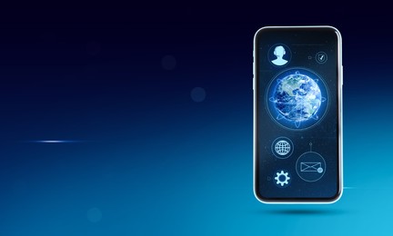 Image of Global network. Smartphone with different icons and illustration of Earth on display against dark blue background. Banner design with space for text