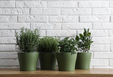 Photo of Different aromatic potted herbs on wooden table near white brick wall