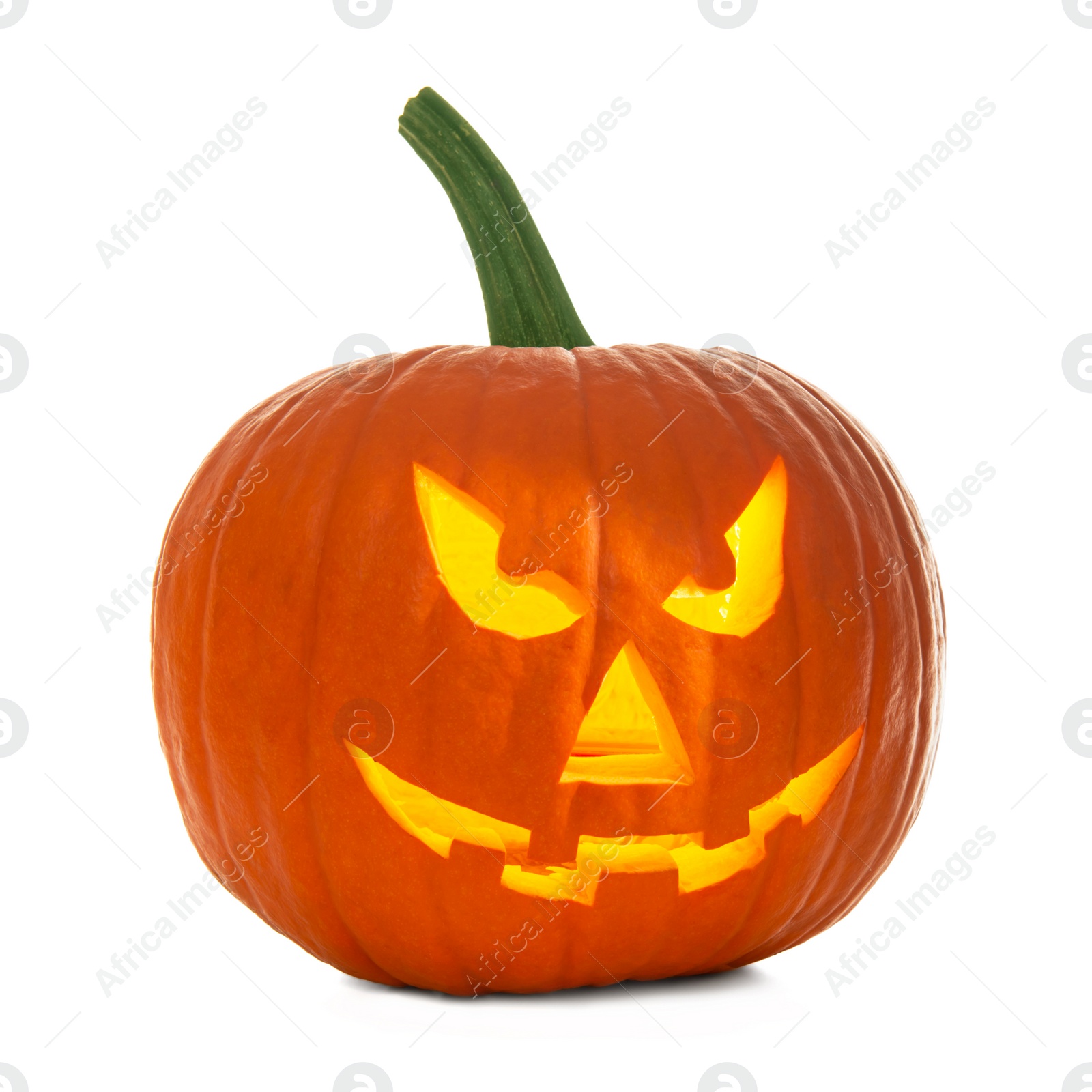 Photo of Scary jack o'lantern pumpkin isolated on white. Halloween decor