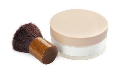 Rice face powder and brush isolated on white. Natural cosmetic