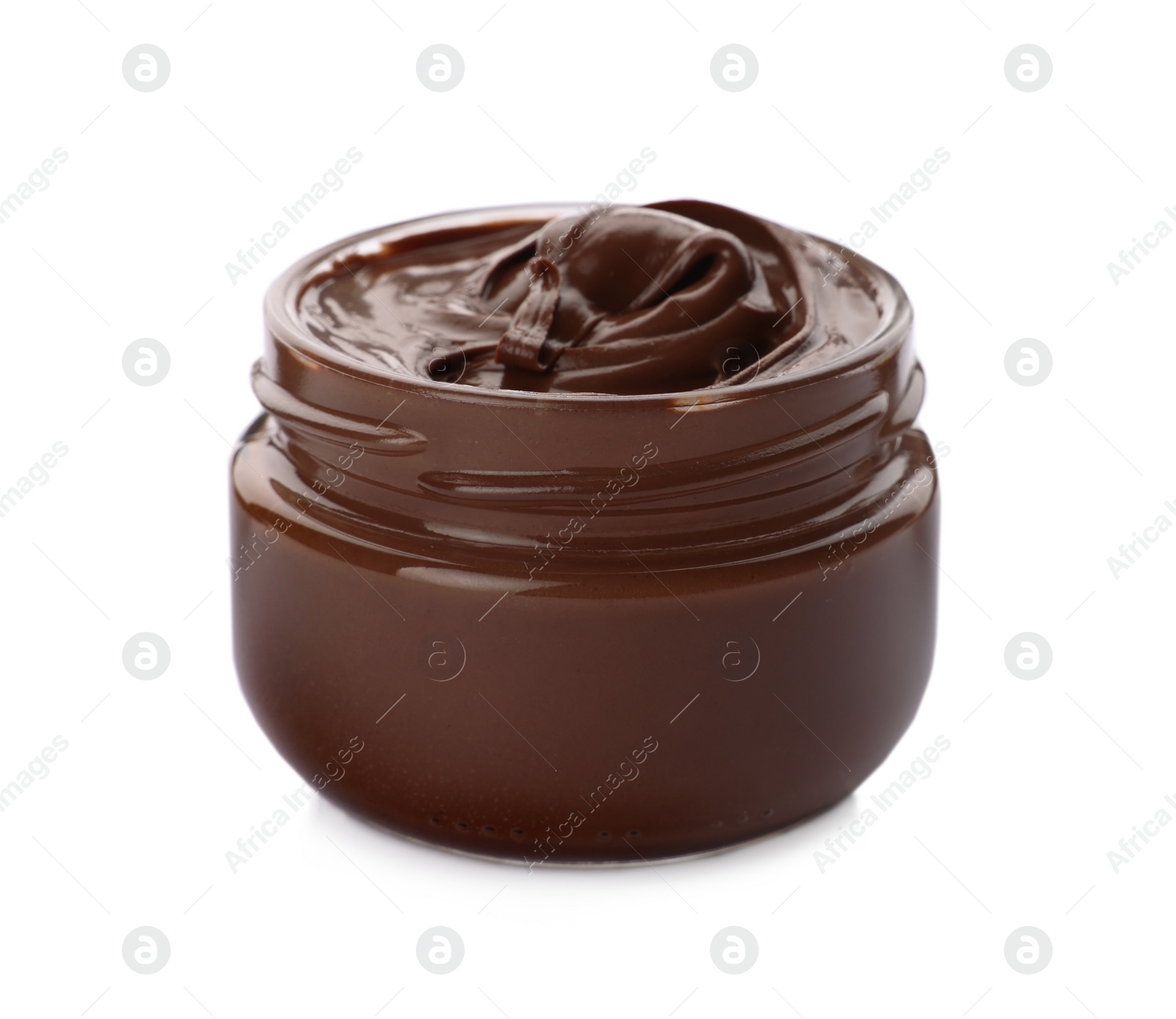 Photo of Glass jar of chocolate paste isolated on white