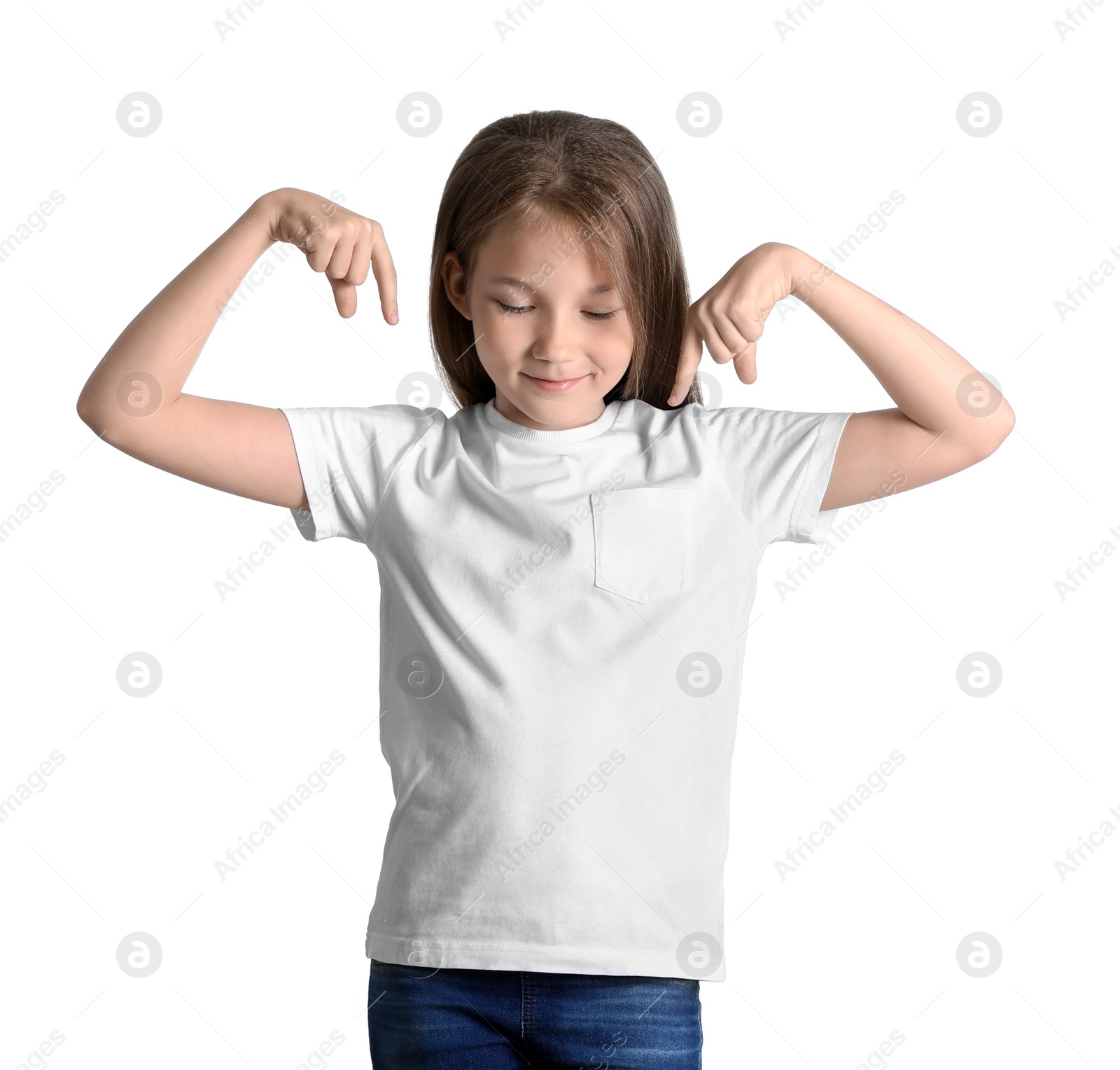 Photo of Little girl in t-shirt on white background. Mockup for design