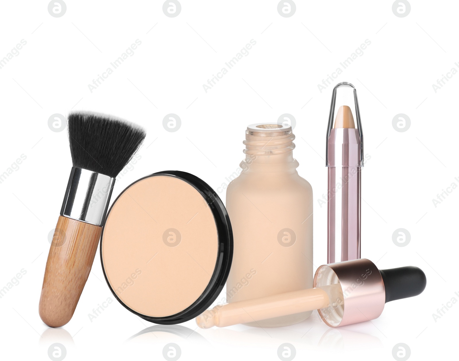 Image of Set with different decorative cosmetics on white background. Luxurious makeup products 