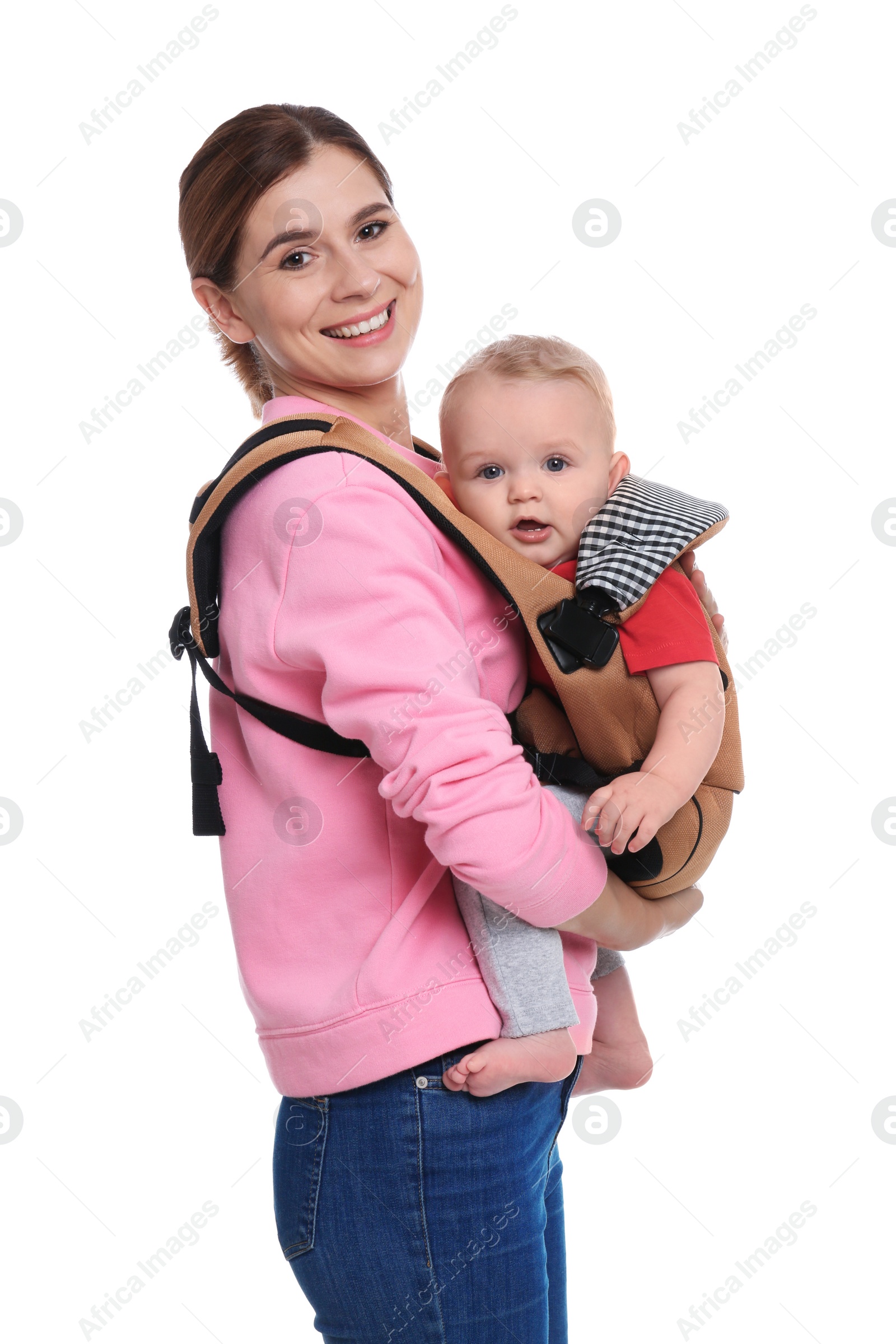 Photo of Woman with her son in baby carrier on white background