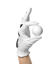Player holding golf ball on white background, closeup