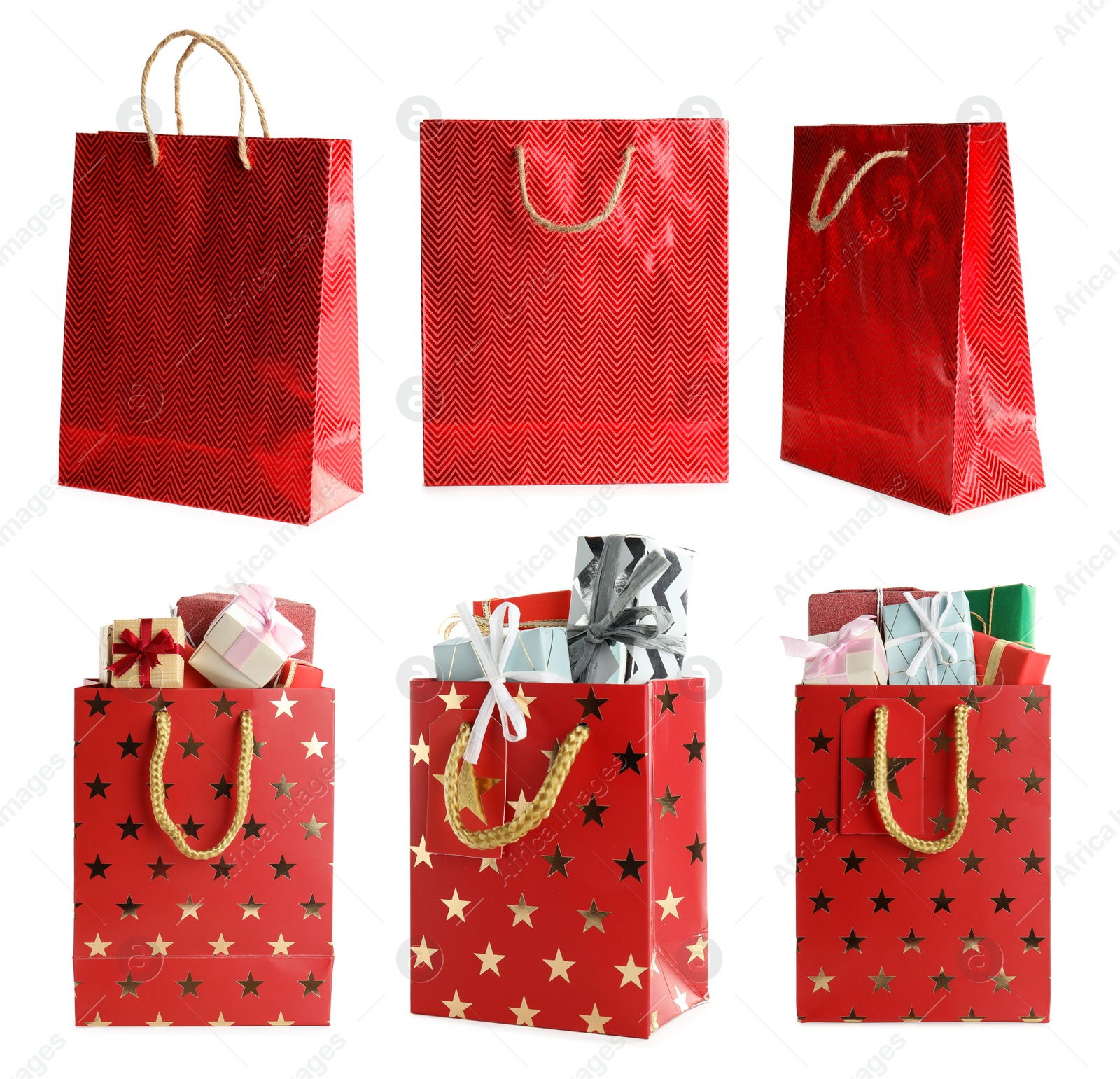 Image of Set of bright paper shopping bags on white background