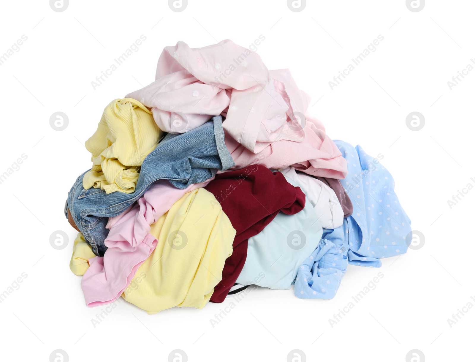 Photo of Pile of colorful clothes isolated on white