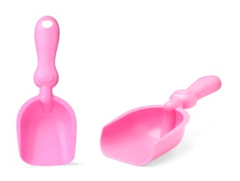 Image of Pink plastic toy shovels on white background, collage