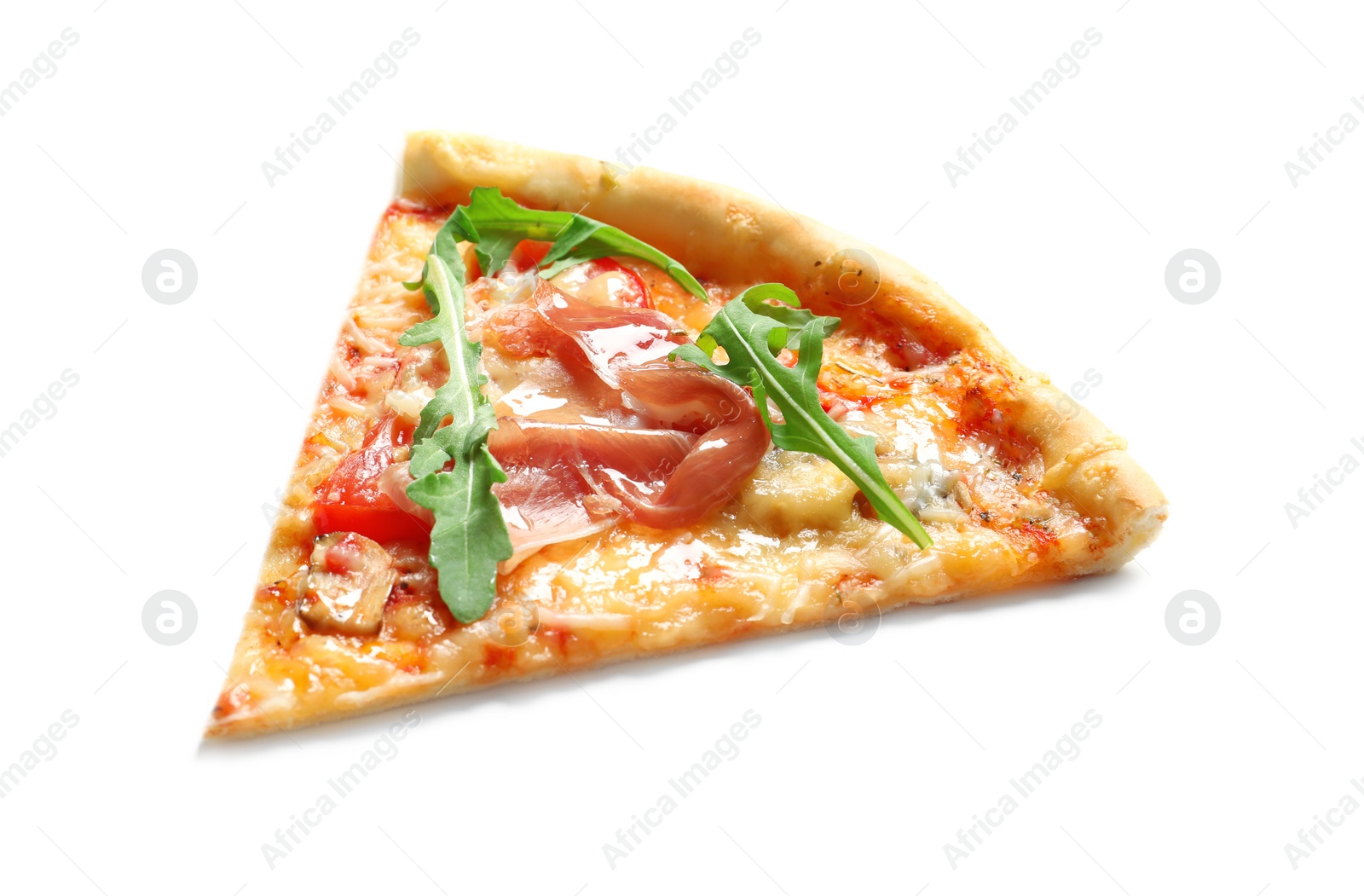 Photo of Slice of tasty pizza with meat on white background