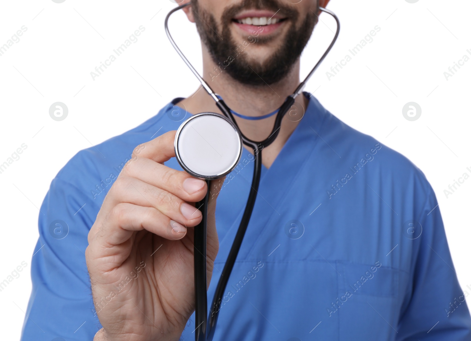 Photo of Doctor with stethoscope on white background, closeup. Cardiology concept