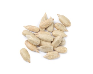 Photo of Peeled sunflower seeds on white background, top view