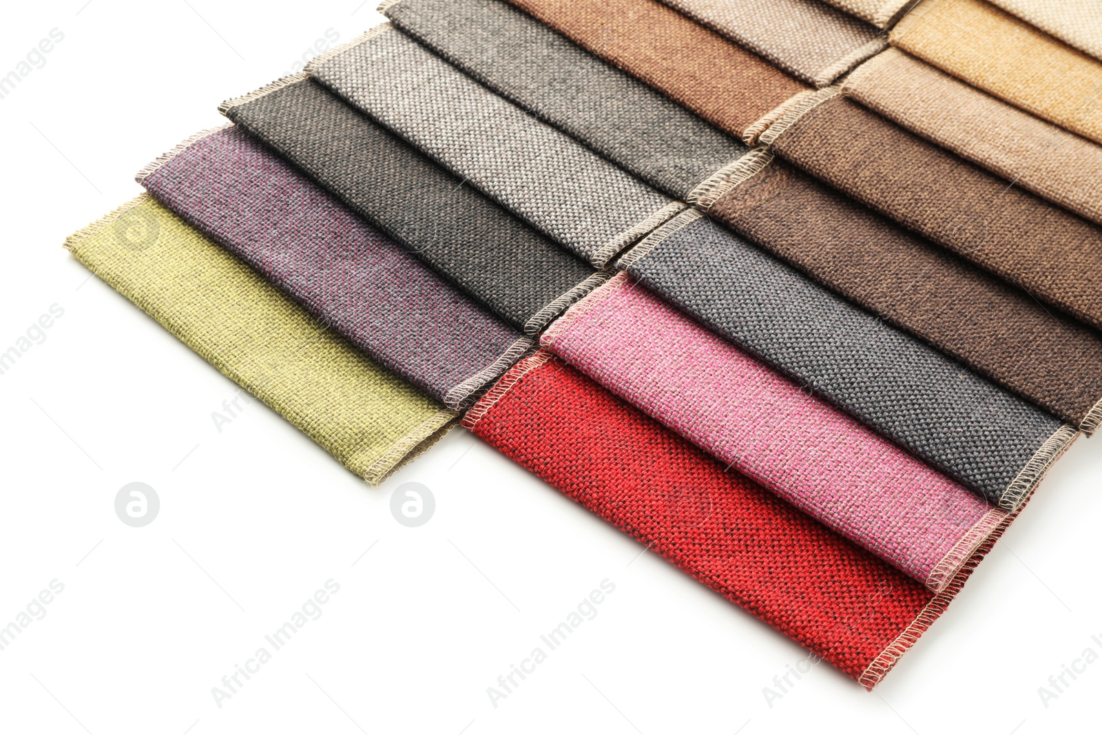 Photo of Fabric samples of different colors for interior design on white background