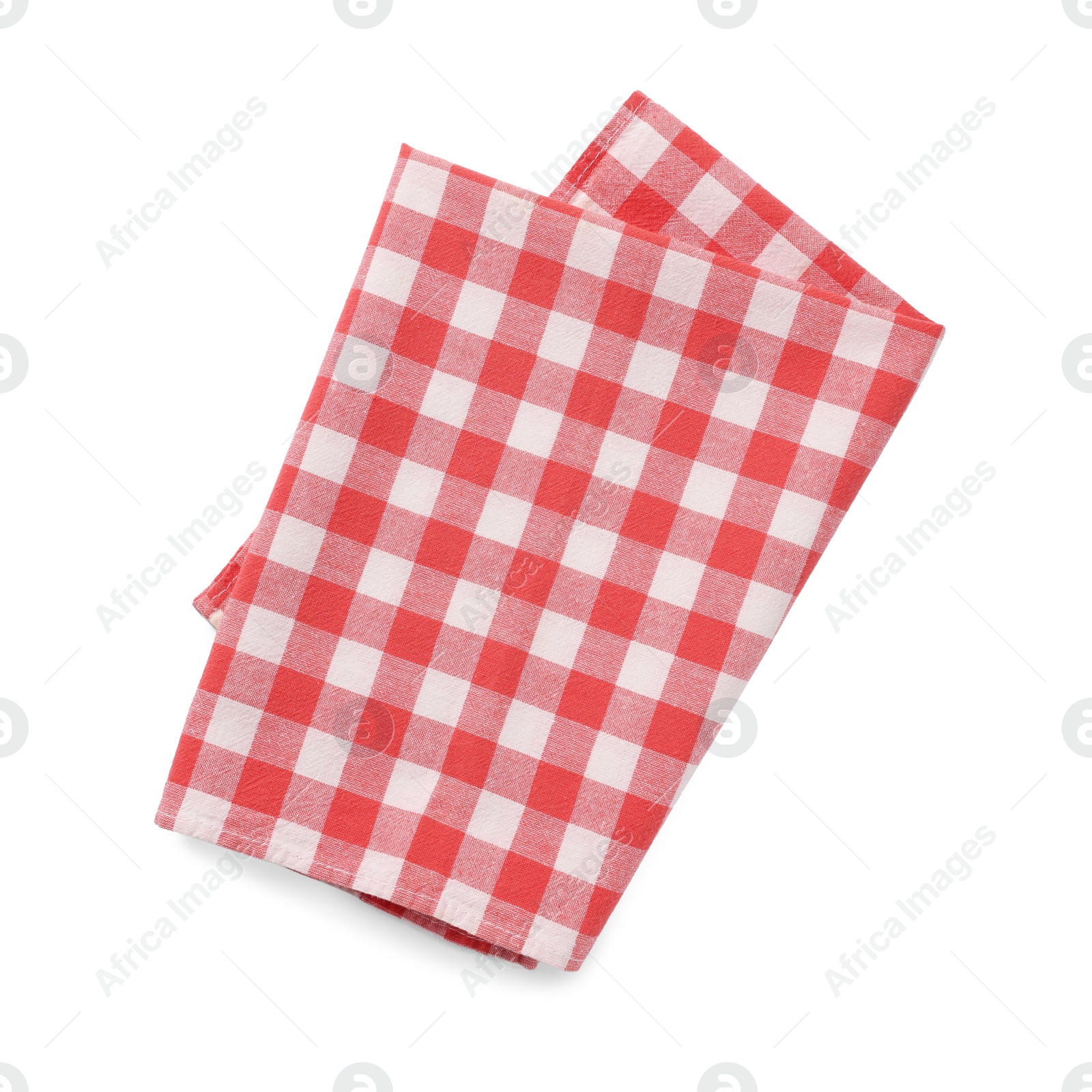 Photo of Red checkered tablecloth on white background, top view