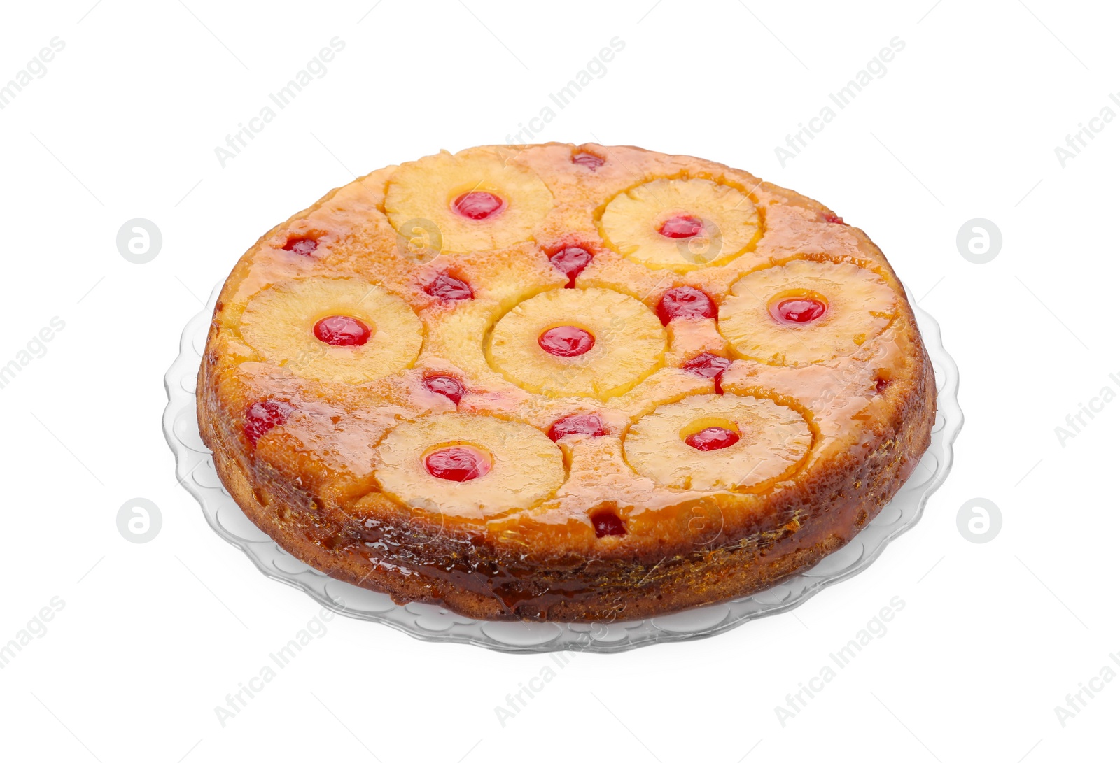 Photo of Plate with tasty pineapple cake isolated on white