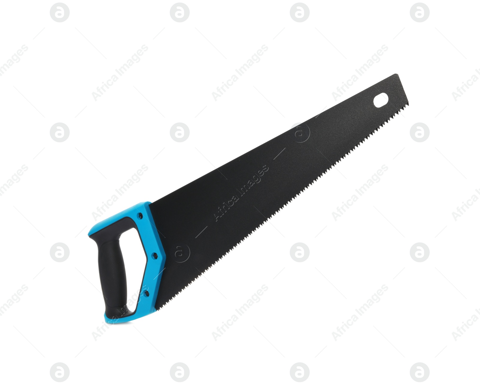 Photo of New hand saw on white background. Professional construction tool