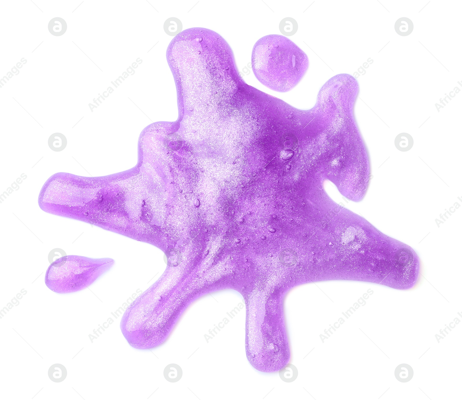 Photo of Splash of violet slime isolated on white, top view. Antistress toy