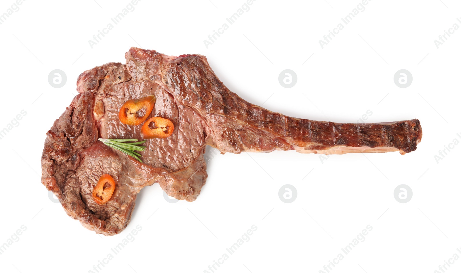Photo of Delicious fried beef meat with chili pepper isolated on white, top view