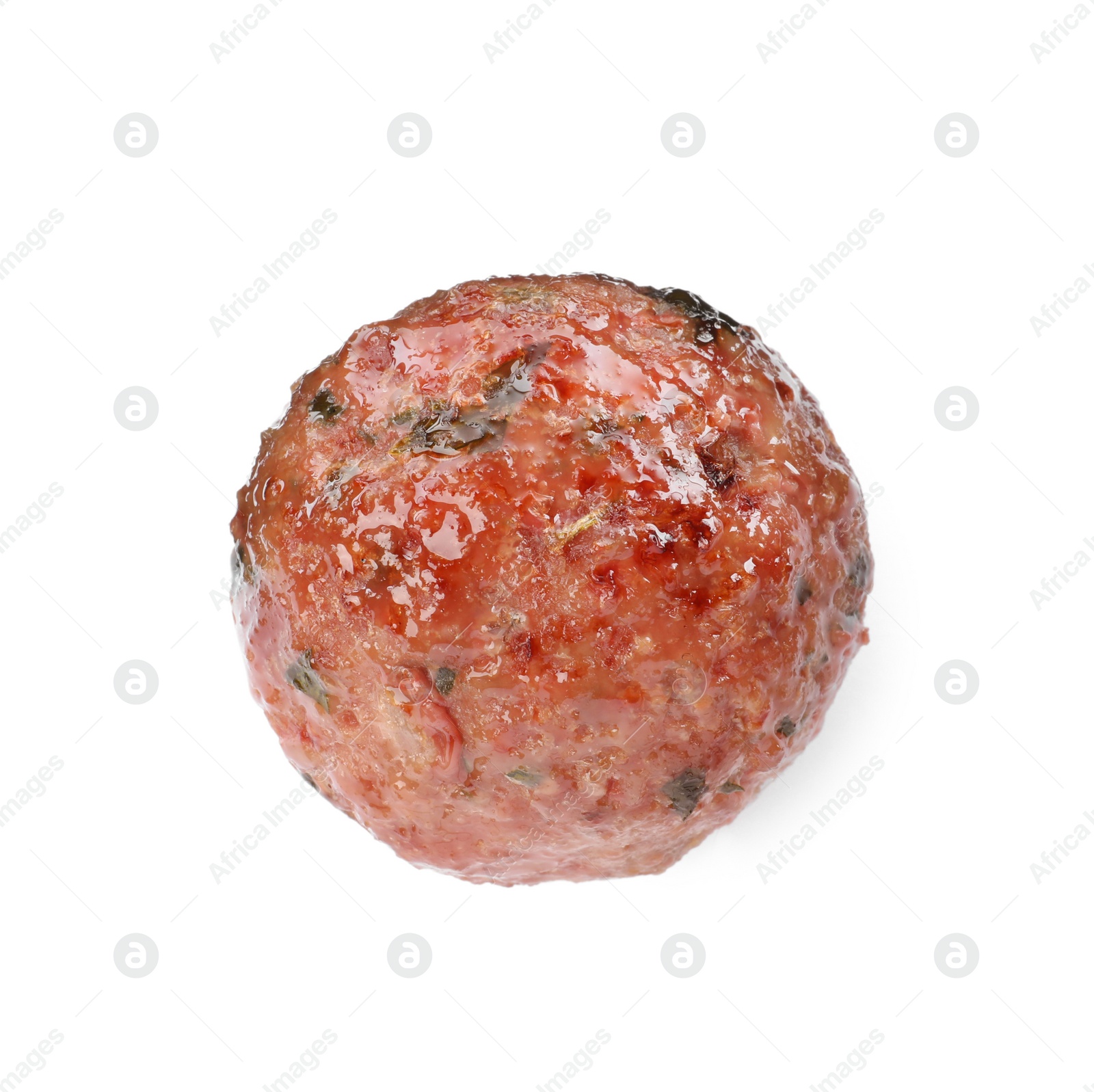 Photo of Tasty cooked meatball isolated on white, top view