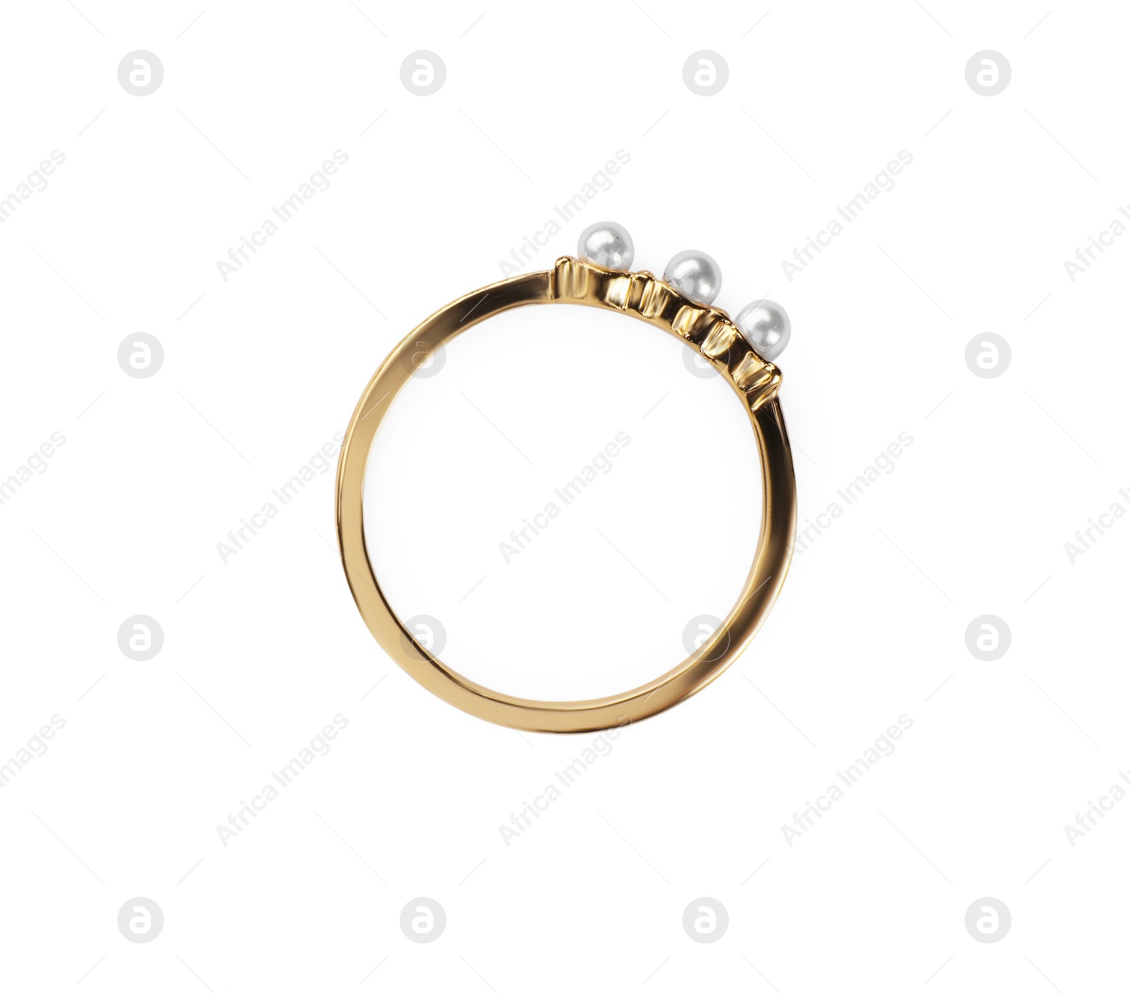 Photo of Elegant ring with pearls isolated on white, top view