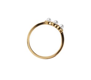 Photo of Elegant ring with pearls isolated on white, top view