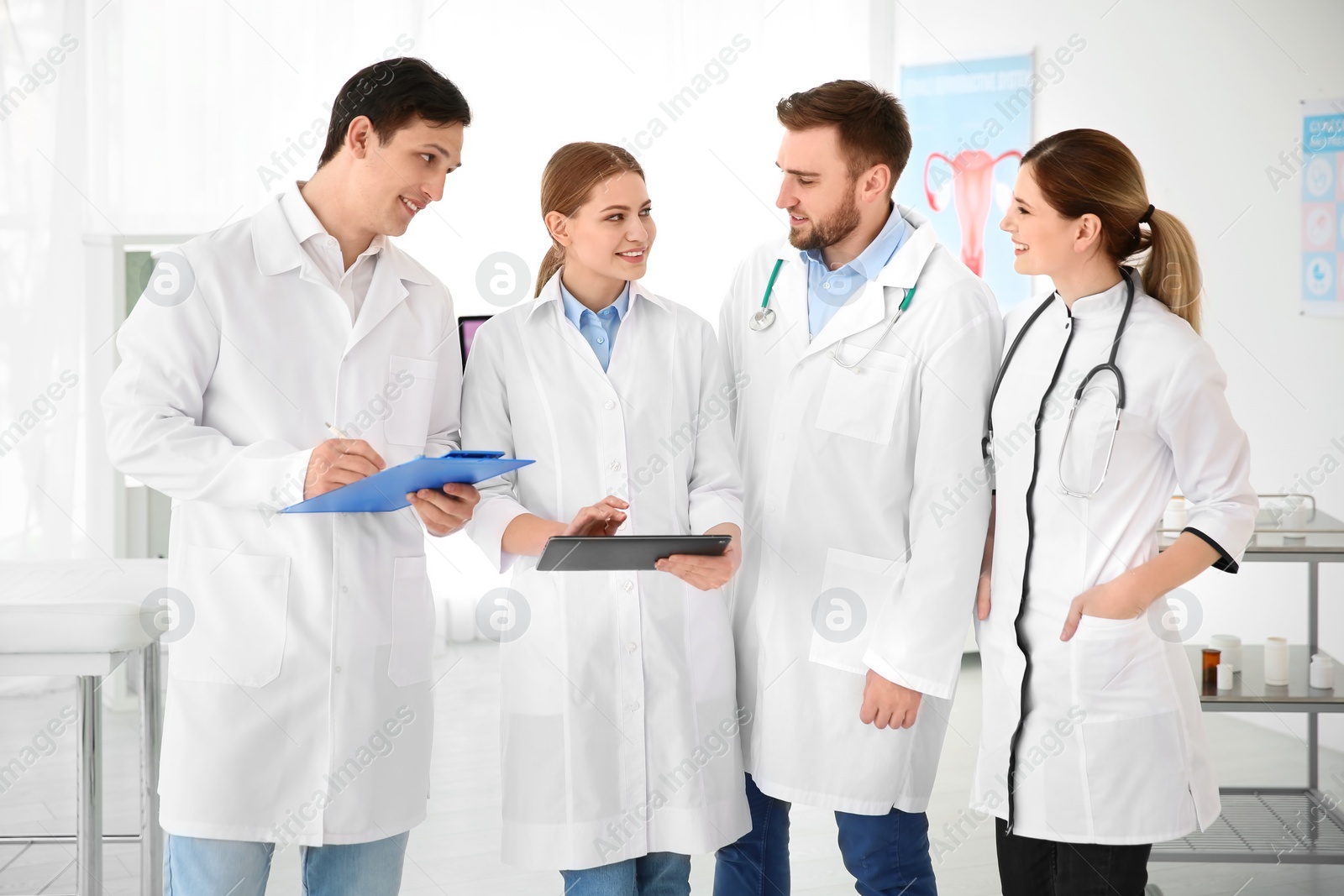 Photo of Young doctors wearing uniform in modern hospital. Gynecology department