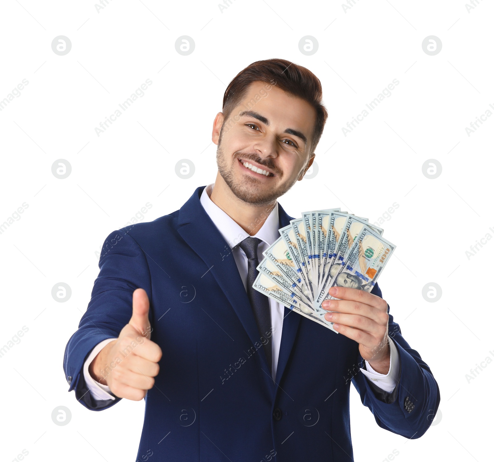 Photo of Portrait of happy young businessman with money on white background