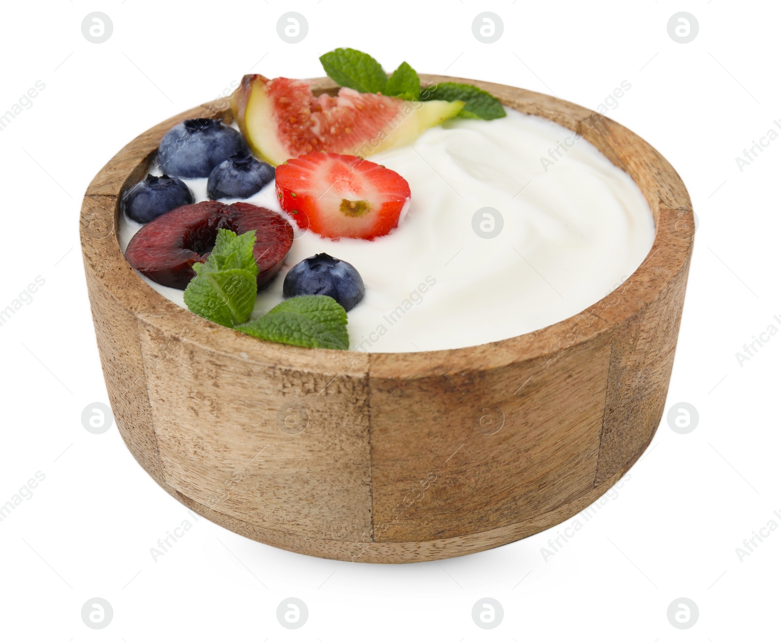 Photo of Bowl with yogurt, berries, fruits and mint isolated on white