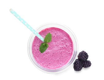 Photo of Glass of blackberry smoothie with straw and mint isolated on white, top view