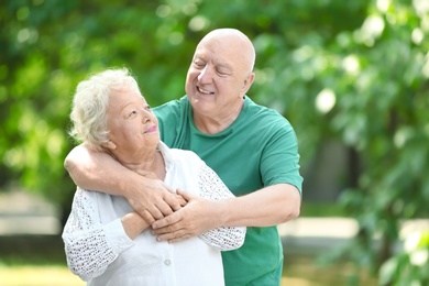 Portrait of cute elderly couple in park