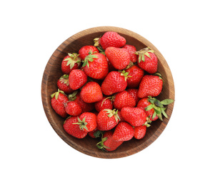 Photo of Ripe strawberries in bowl isolated on white, top view