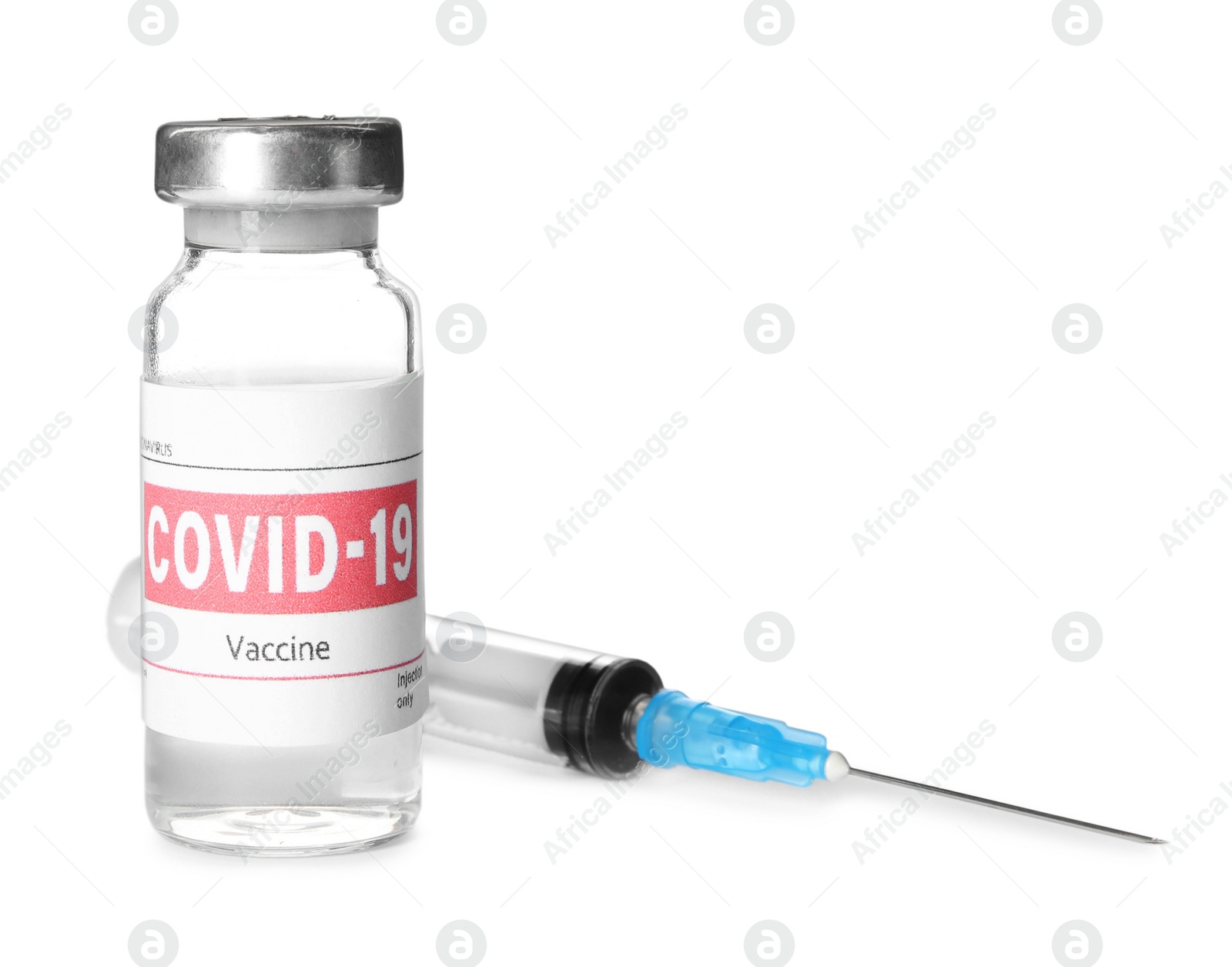 Photo of Vial with vaccine against coronavirus and syringe on white background