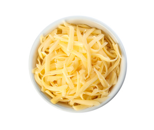 Photo of Bowl with grated cheese isolated on white, top view