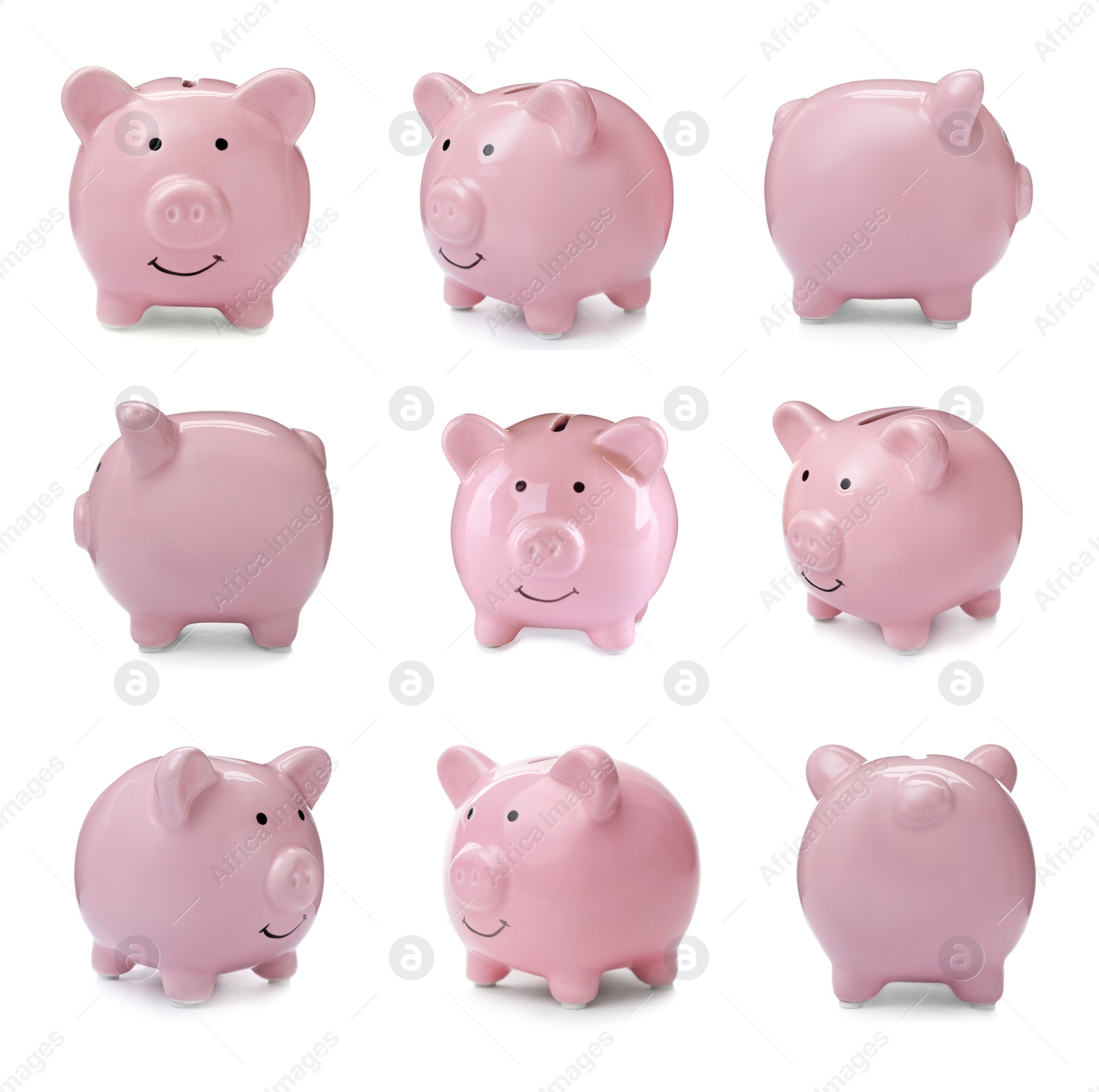 Image of Set with pink piggy banks on white background. Money saving