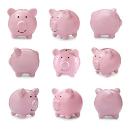 Image of Set with pink piggy banks on white background. Money saving