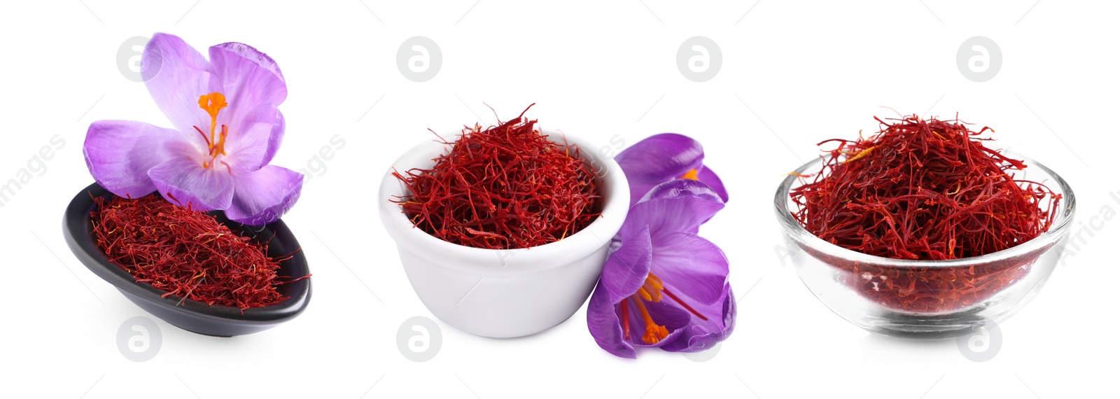 Image of Dried saffron and crocus flowers on white background, collage. Banner design