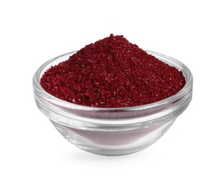 Photo of Glass bowl with dark red food coloring isolated on white