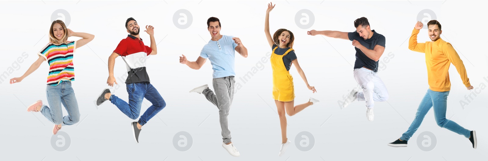 Image of Collage with photos of young people in fashion clothes jumping on white background. Banner design