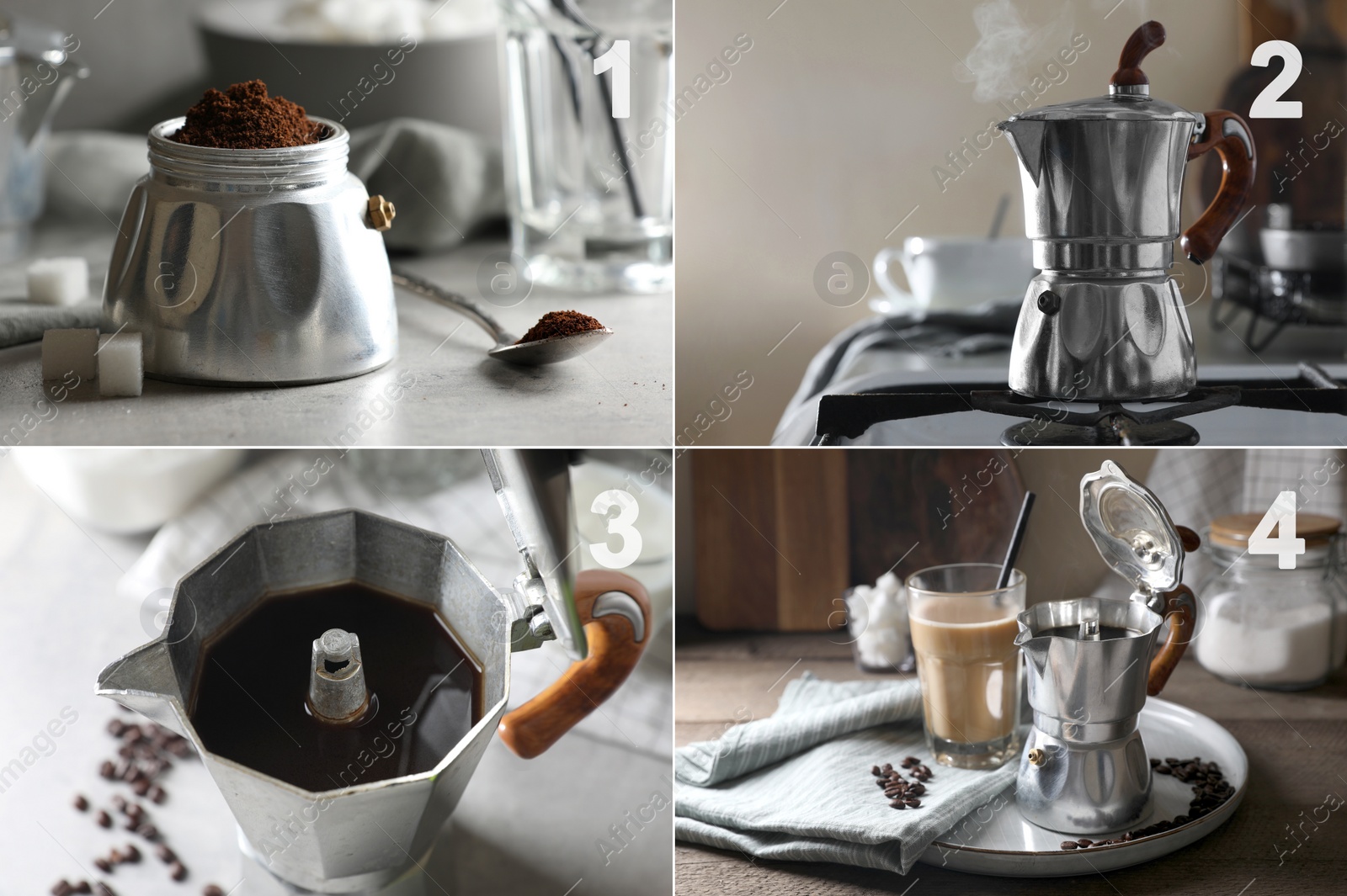 Image of Making coffee with moka pot step-by-step. Collage with photos