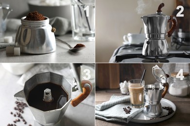 Making coffee with moka pot step-by-step. Collage with photos