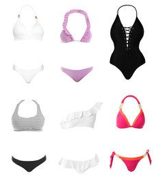 Set of different stylish bikinis on white background 