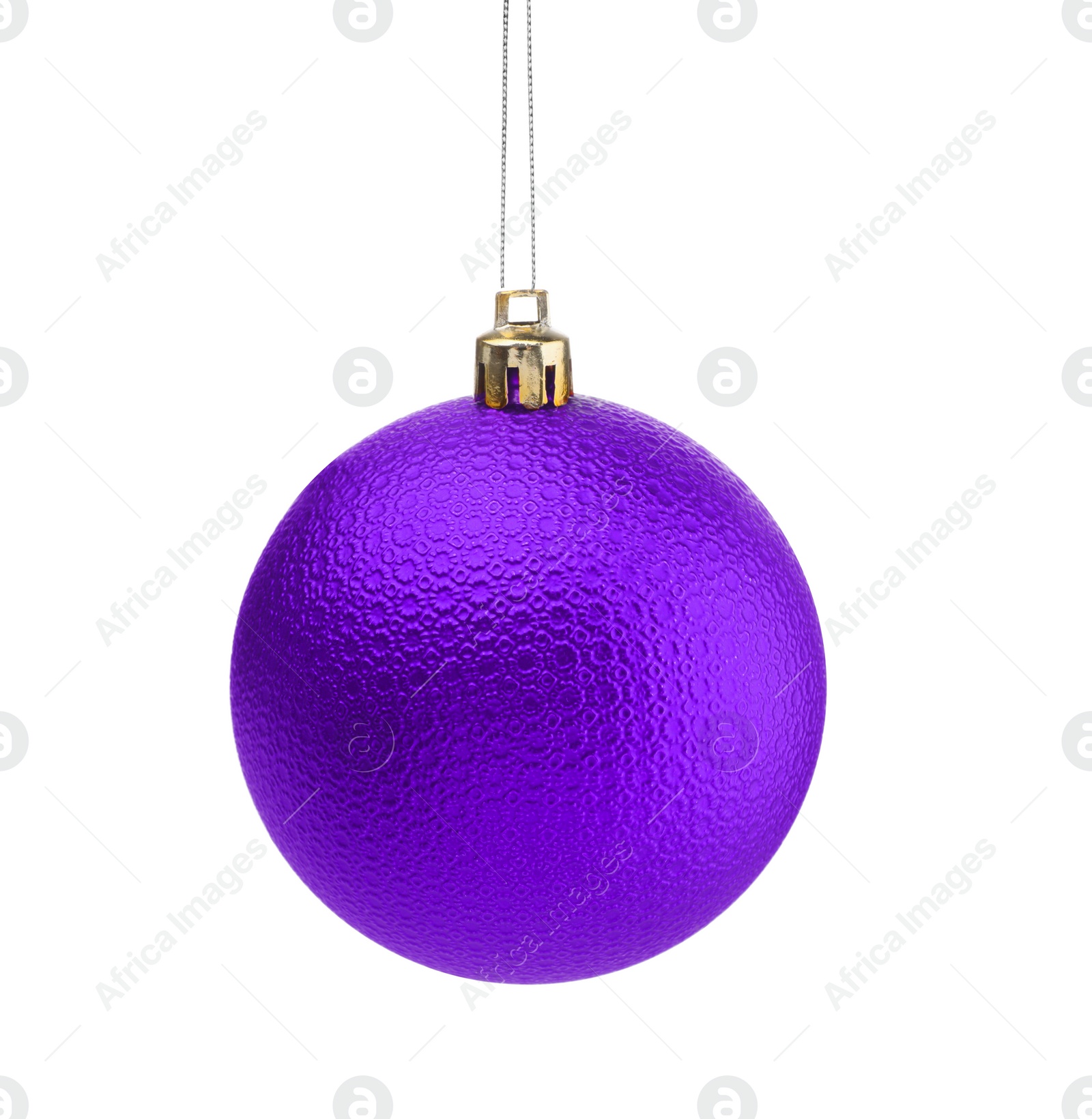 Image of Blue-violet Christmas ball hanging on white background