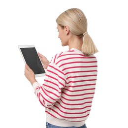 Photo of Woman holding tablet with blank screen on white background