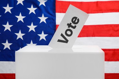Election in USA. Ballot box with vote and American flag on background