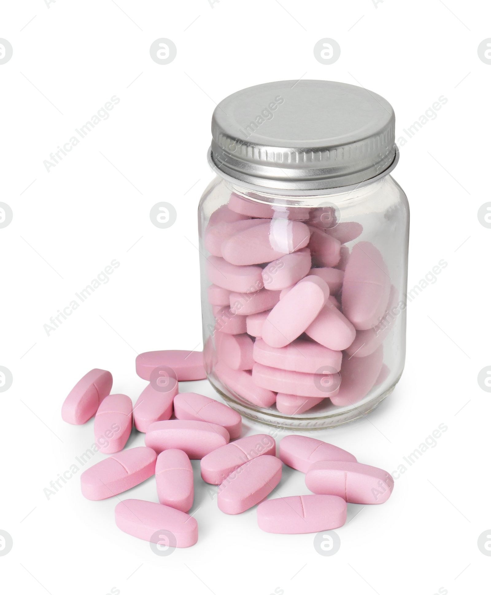 Photo of Bottle and pile of vitamin pills isolated on white