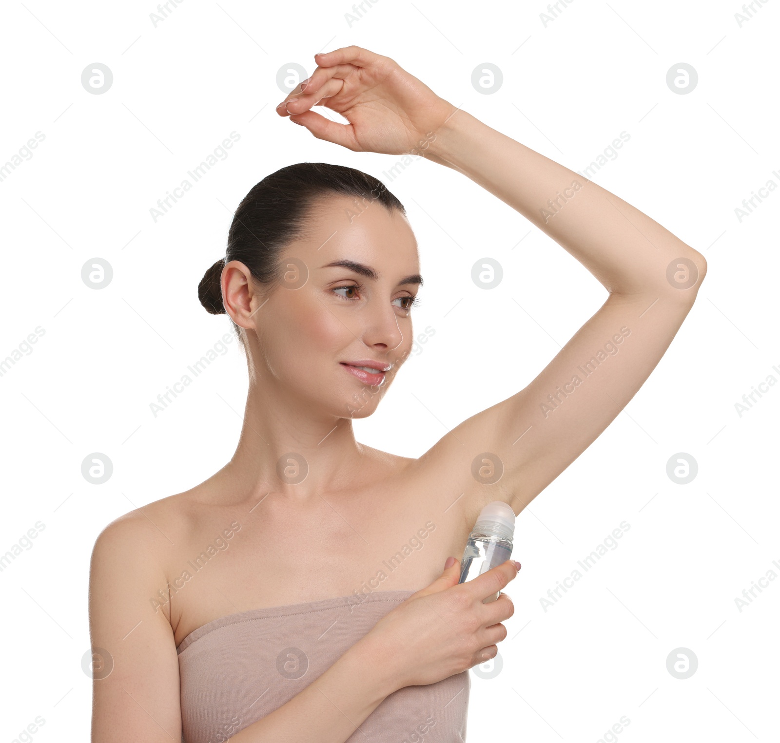 Photo of Beautiful woman applying deodorant on white background